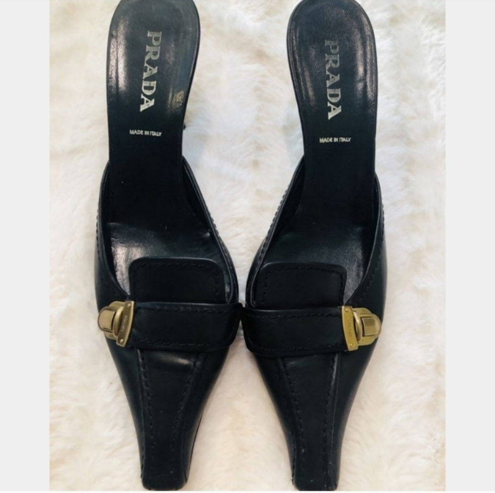 Authentic black Prada low heels w/gold buckle